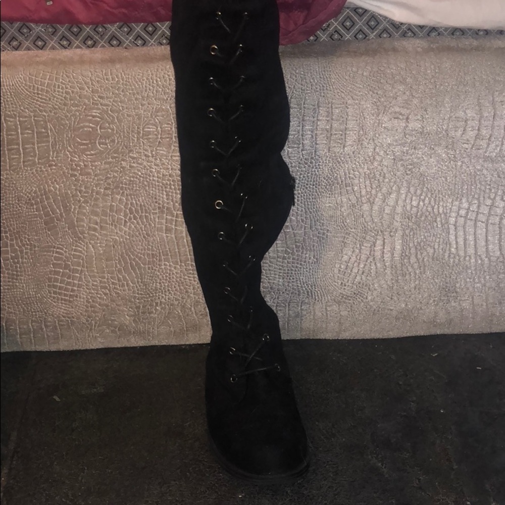 Lace up soft black knee high boots